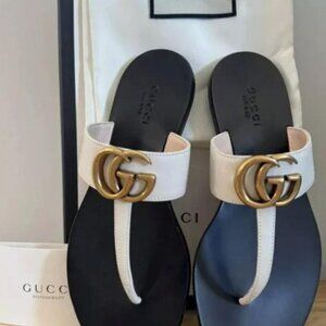 NEW Gucci Marmont GG Leather T Strap Thong Flat Sandals Shoes Cream Size 39
